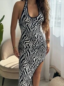 RebeccaVibe Robe mi-longue moulante à nœud papillon, col ras-du-cou, ourlet asymétrique, imprimé zébré noir et blanc, pour femmes. Robe longue à fente avec ourlet inégal, pour les fêtes, les festivals de musique. - Noir et Blanc - Voir 3
