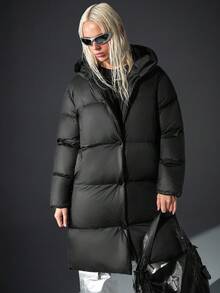 CasuGlow Urban Casual Minimalist Winter Fashion, Long Black Padded Coat, Hooded Design, Full-Length Silhouette, Modern Streetwear Look, Plus Size Travel - Black - View 1
