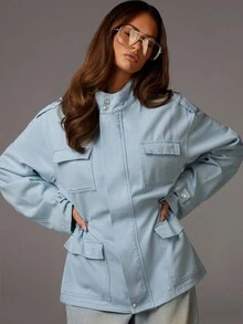 Athîral Women's Casual Fashion Street Style Flap Pocket Stand Collar Denim Jacket Autumn Long Sleeve Light Blue Jacket Women - Blue - View 7