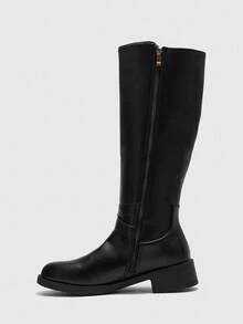 CUCCOO BIZCHIC Women's Round Toe New Flat Thick Sole Black Side Zipper Knee-High Boots, Versatile Daily Commute Flat Tall Boots For Christmas - Black - View 9