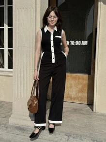 少女夏季休闲撞色装饰纽扣半开襟连体裤 - 黑色 - 查看 2