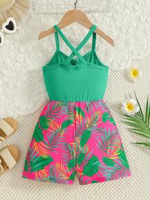 SHEIN 年輕女孩植物印花背心連體褲