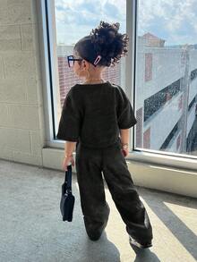 2 件装年轻女孩炭灰色套头 T 恤和紧身裤套装，休闲日常搭配 - 灰色 - 查看 3