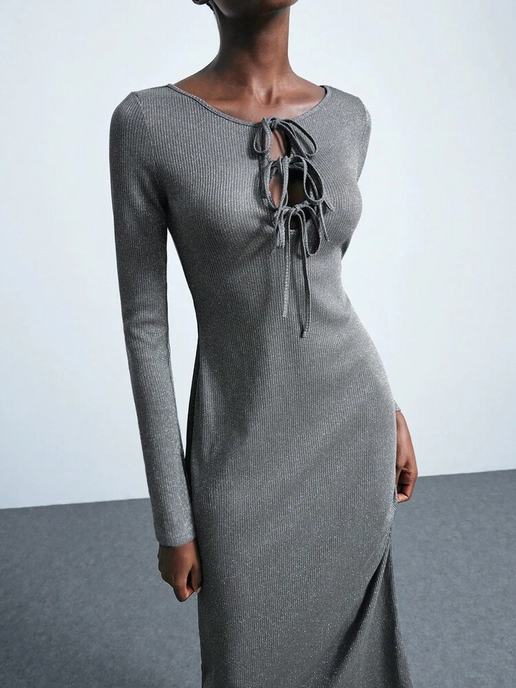 SHEIN Maija Women's Solid Color Front Tie Long Sleeve Dress Fall Clothes For Women  Halloween Clothes Women  Formal Dresses For Wedding Guest Modest Dresses Elegant Dresses For Party  Gray Dress