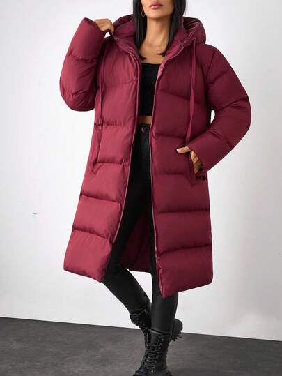 EURMUSE Women's Long Burgundy Puffer Jacket With Hood, Casual Zipper Outerwear Long Puffer Coat Women Long Winter Coat Women Womens Puffer Jacket Hooded Puffer Coat Burgundy Winter Coat