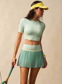 VARSIVA Women's Multicolor Knitted Colorblock Crop Sports Set With Round Neck And Short Sleeves Tennis Skirt Set Women Tennis Outfit 2 Pieces Workout Set Women Pleated Tennis Skirt Athletic Skirt Set