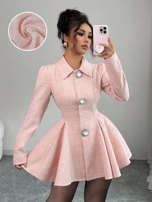 Elenzga French Autumn Tweed Puff Sleeve Dress With Waist Cinching Design, Elegant & Slimming, Suitable For Dates, Autumn/Winter Fall Cloth For Women