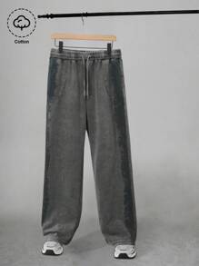 PAVTROS Manfinity Streetrush 男士复古做旧运动裤，宽松针织慢跑裤，柔软棉质面料，做旧酸洗效果，休闲印花设计，适合街头服饰、休闲运动、日常穿着、时尚穿搭、返校季、节日礼物，灰色运动裤 - 深灰色 - 查看 3