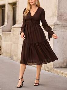 EMERY ROSE Elegant Solid Color Chiffon Long Sleeve Tie-Up Ruched Dress, Spring/Summer Designer - Coffee - View 3