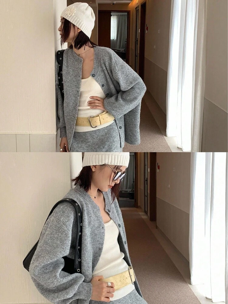 Women's Korean Style Solid Color Long Sleeve Cardigan And Casual A-Line Skirt 2-Piece Set