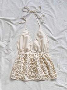 Soleia Women's Romantic Vacation Beaded Embroidered V-Neck Tie Backless Camisole Top, Suitable For Holiday, Date, Valentine's Day, Afternoon Tea, Party, Wedding Season, Beach, Spring/Summer Vacation, Cruise, Music Festival, Boho Lace Two Piece Set Crochet Two Piece Set Cream Two Piece Set Lace Top Crochet Top,Party Lace Halter Top Crochet Halter Top - Apricot - View 2