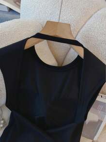 INAWLY Women's Plus Size Solid Color Backless Round Neck Cap Sleeve T-Shirt - Black - View 3