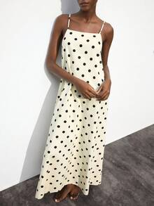 Maija 女式波尔卡圆点宽松可调节肩带连衣裙，商务休闲假日露背优雅连衣裙 - 白色 - 查看 6