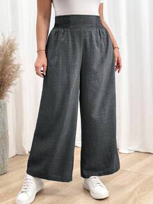SHEIN Essnce Quần ống đứng cạp cao màu xanh dương, quần dài nữ, quần áo mùa thu, quần áo giáo viên, quần áo trở lại trường, quần ống rộng thoải mái cho nữ - Màu xám đen - Xem 1