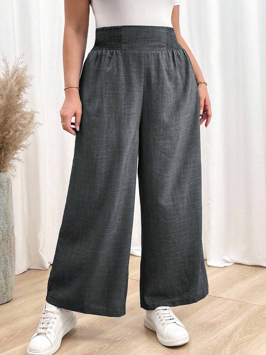 SHEIN Essnce Quần ống đứng cạp cao màu xanh dương, quần dài nữ, quần áo mùa thu, quần áo giáo viên, quần áo trở lại trường, quần ống rộng thoải mái cho nữ - Màu xám đen - Xem 1