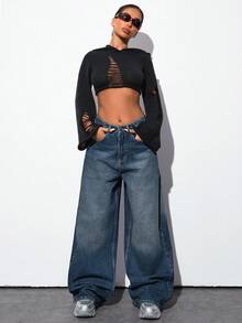 EURMUSE QUẦN JEAN NỮ ỐNG RỘNG EO VỪA - Rửa trung bình - Xem 4