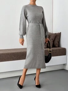 EURMUSE Casual Crew Neck Solid Color Balloon Sleeve Mini Side Slit Belted Bodycon Drop Shoulder Knit Dress For Fall Winter Women Daily Chic Sweater Dress Midi Dress Long Sleeve Midi Dress Knit Midi Dress Midi Knit Dress Belted Knit Dress - Grey - View 7