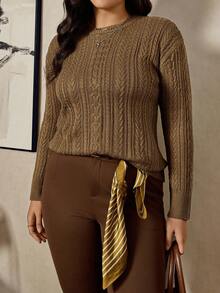 Zelara Plus Size Chocolate Brown Crew Neck Sweater,Autumn Smart Casual Cozy Cable Knit Top For Women,School Back-To-School Winter Business Casual Outfits - Mocha Brown - View 5