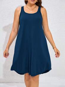 SHEIN LUNE Plus Size Sleeveless Solid Color Casual Vacation Dress - Teal Blue - View 4