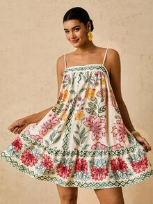 Travachic Váy ngắn không tay họa tiết cây xanh nhiệt đới nhiều màu cỡ lớn, váy đi nghỉ thường ngày từ mùa hè đến đầu mùa thu - Nhiều màu - Xem 4