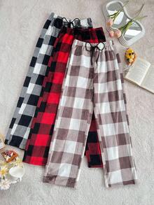 SHEIN 3件套女士格子羊毛印花直筒裤睡衣套装，冬季 - 彩色 - 查看 5