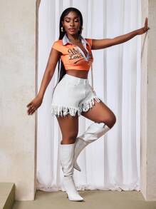 Slaydiva Pantaloncini di jeans casual da donna con orlo a frange, colore tinta unita, estivi