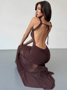 Aloruh 女士时尚优雅无袖露背紧身连衣裙 - 咖啡 - 查看 3