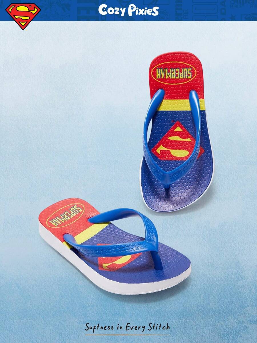 SUPERMAN X Cozy Pixies 1 Pair Summer Print Non-Slip Breathable Round Toe Flip Flops Toddler/Kids Beach Sandals - Blue - View 1