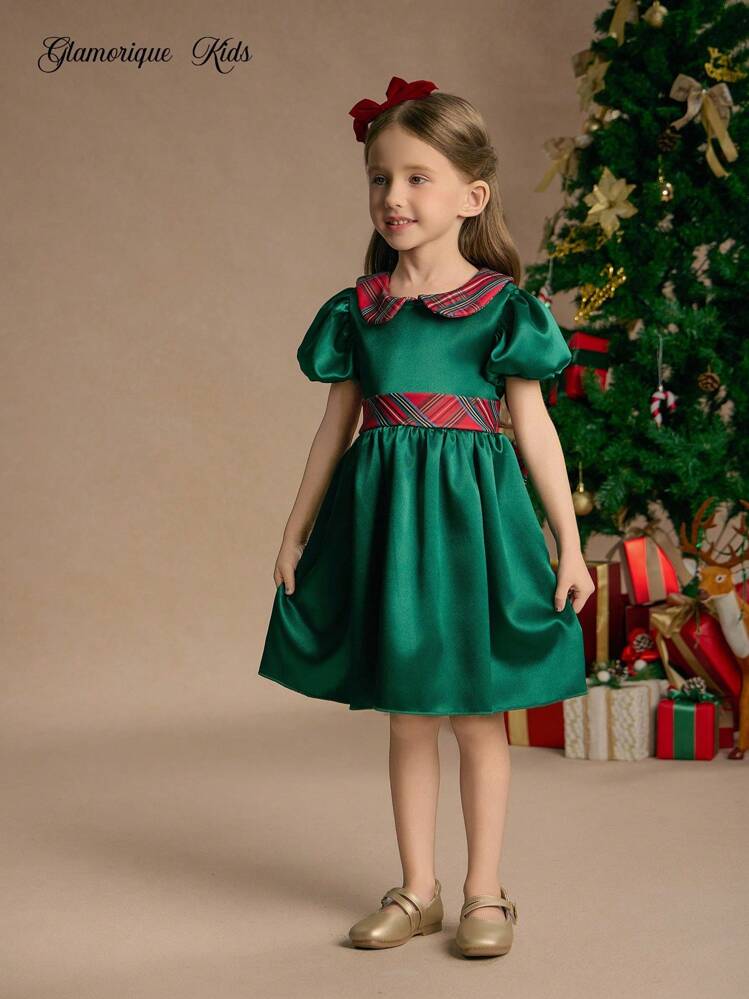 Glamorique Kids Young Girl' Cute Elegant Green Bubble Short Sleeve Dress, Red Plaid Bow Decor Mini Party Dress, Suitable For Christmas, Holiday, Dance,Christmas Dress Fall Winter - Green - View 4