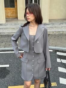 Teen Girl Casual Everyday Commute Mandarin Collar Single-Breasted Jacket And Dress Set - Grey - View 3
