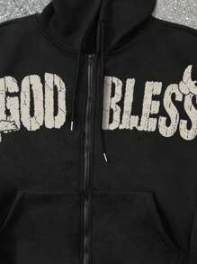 GENIUS ODE Plus Size Men's Letter & Pigeon Print Zip Front Drawstring Hoodie Sweatshirt, God Hoodie, Religious Hoodies, Hoodies Graphic Black , Fall