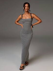 Athîral Casual Fashionable Sexy Spaghetti Strap Backless Long Dress For Women Bodycon Tight Long Dress Striped Maxi Dress Stretchy Dress Bodycon Maxi Dress - Multicolor - View 2