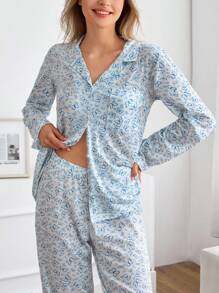 EURMUSE 女士两件套蝴蝶图案纽扣前襟家居服舒适睡衣套装 - 白色 - 查看 6