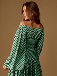 MISSGUIDED Off Shoulder Striped Blouse Long Bell Sleeve Smocked Crop Top Holiday Beach Resort Wear Summer Boho Festival Fashion