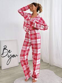EURMUSE 2Pcs Cotton Button Front Plaid Pattern Pajama Set, Suitable For Christmas - Red and White - View 3