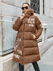 EURMUSE Plus Size Winter Casual Warm Letter Print Zip-Up Hooded Padded Coat - Brown - View 5
