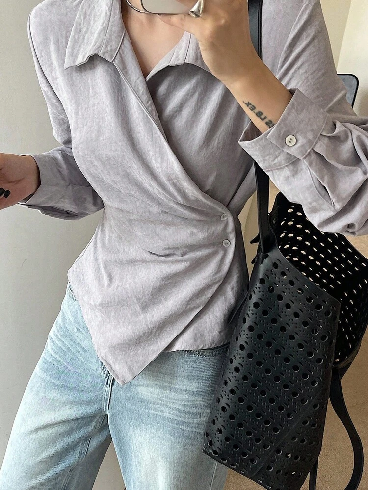 Women's Solid Color Fitted Oblique Collar Pleated Long Sleeve Casual Elegant Blouse, Autumn/Winter,Fall Women Clothes