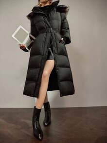 DAZY Women's Fashionable Fur Collar Hooded Jacket With Belt, Winter Long Puffer Coat Women Long Winter Coat Women Puffer Coat With Belt Winter Coat With Fur Hood Long Black Puffer Coat