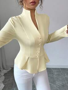 Elenzga Blusa de manga larga de color amarillo pálido con cuello alto, escote en V, botones delanteros, cintura acampanada y bajo asimétrico, para uso formal, oficina, casual, vacaciones, fiesta, estilo vintage, maestro y estilo del Medio Oriente
