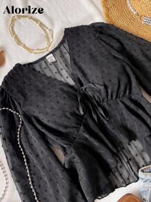 1pc Girls' V-Neck Long Sleeve Chiffon Cutout Blouse, Waist Cinched, Casual Vacation Shirt For Autumn - Black - View 4