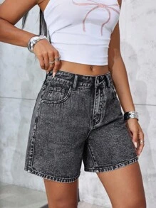 SHEIN ICON 女士休闲水洗牛仔短裤，蝴蝶刺绣，夏季 - 黑色 - 查看 4