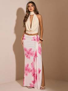 SHEIN BAE Chân váy xẻ tà họa tiết hoa thanh lịch dành cho nữ, mùa hè - trắng - Xem 5