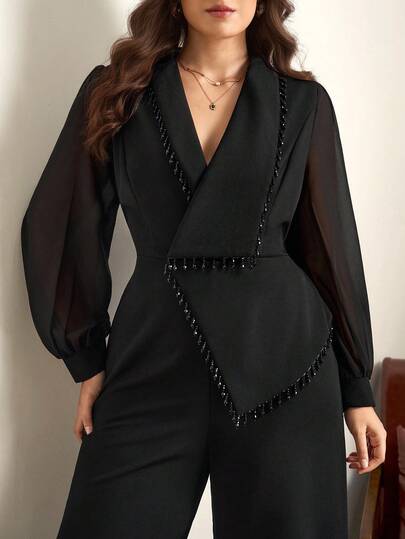 Chikora جمبسوت طويلة الأكمام كاجوال أنيقة للمرأة ذات المقاسات الكبيرة