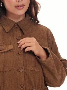 Solavibe Plus Flap Pocket Drawstring Waist Jacket,Barnfit,Barn,Fall Women Clothes