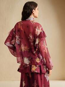 Anewsta 女士时尚荷叶边长袖单排扣衬衫，适合春季、节日、优雅场合、假日、度假、早午餐等。 - 酒紅色 - 查看 2