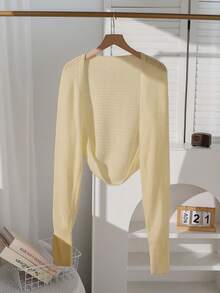 SHEIN Explorewe 少女纯色简约日常长袖针织开衫 - 卡其色 - 查看 3