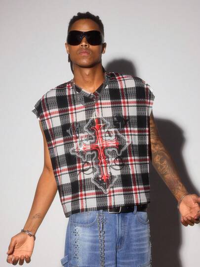 Goth Canotta casual estiva da uomo, stile versatile e ampio, con decorazioni a croce in strass, stile emo, anni 2000