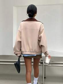 SHEIN EZwear Fall Old Money Autumn Coats Y2k Back To School Fall Women's Casual Outdoor Fashion Street Front Zip Pocket Long Sleeve Oversized Jacket - Khaki - View 2