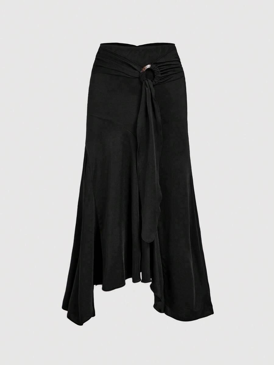 SHEIN MOD Ruffle Hem Asymmetrical Hem Skirt - Black - View 1
