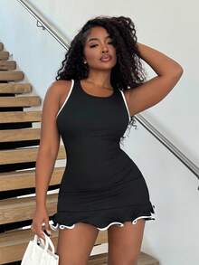 Alexandranx Đầm mini thời trang không tay cổ tròn viền bèo nhún cho nữ - màu đen - Xem 6